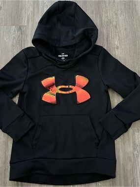Girls Under Armour Black Hoodie with Iridescent Orange/Pink Logo